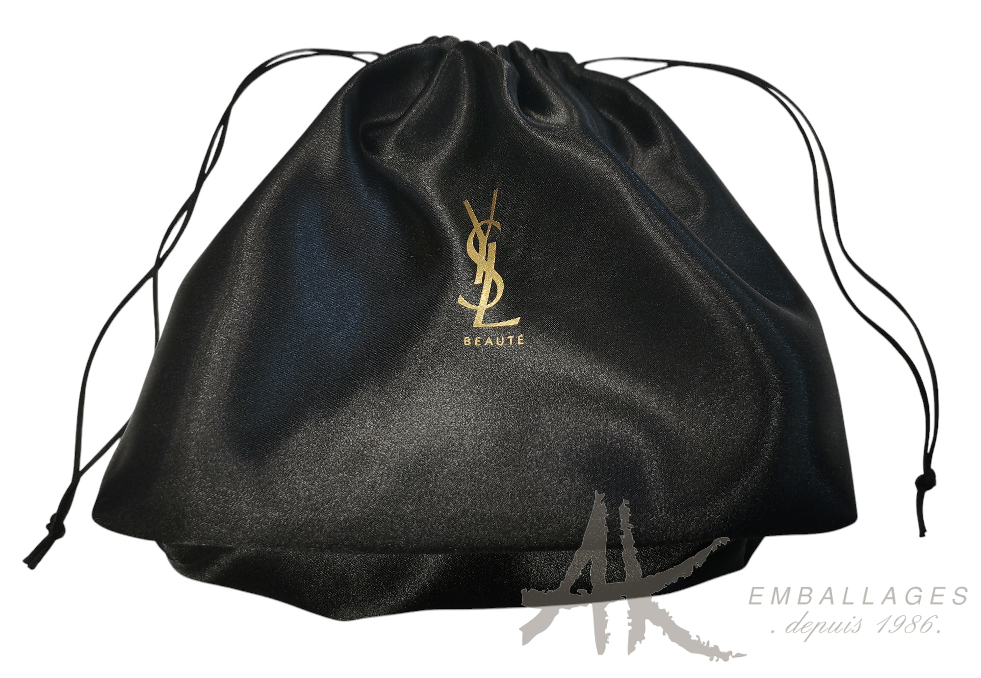 pochon satin noir - 2 lacets - logo YSL or